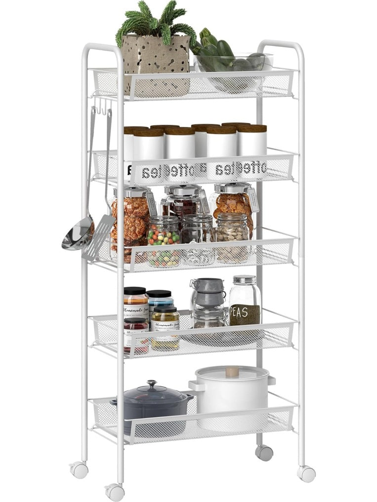 Carrito auxiliar blanco con ruedas y cinco niveles de almacenamiento para cocina hogar u oficina