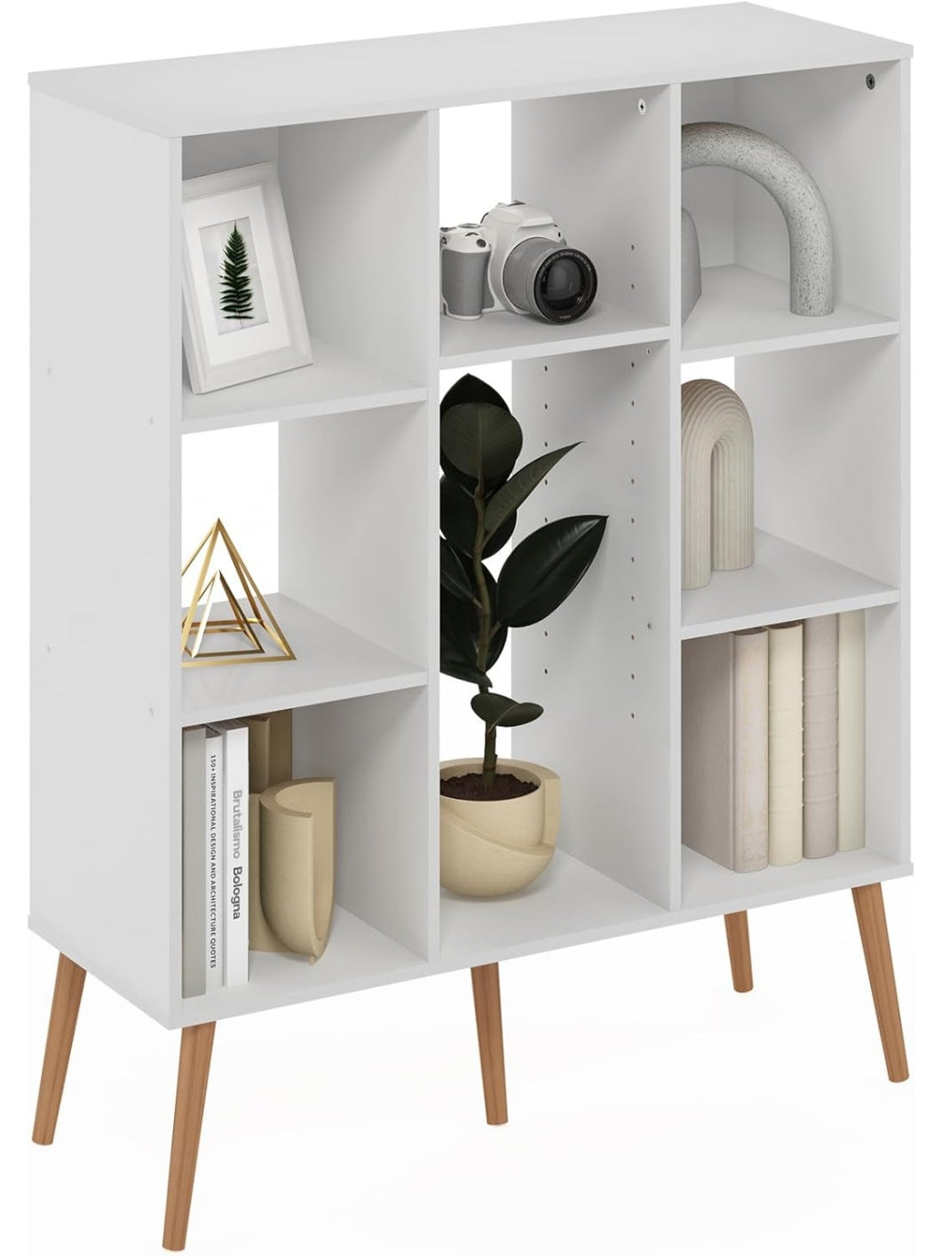 Libreria Moderna con Ocho Cubos y Patas de Madera para Organizacion del Hogar