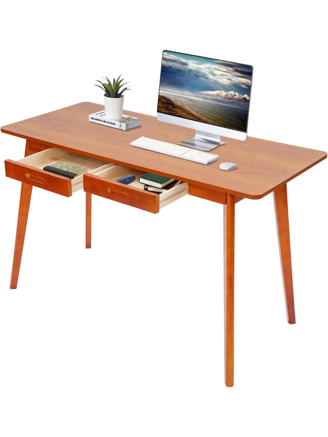 Escritorio de Madera con Dos Cajones Diseno Moderno para Ordenador Estudio y Oficina Nogal