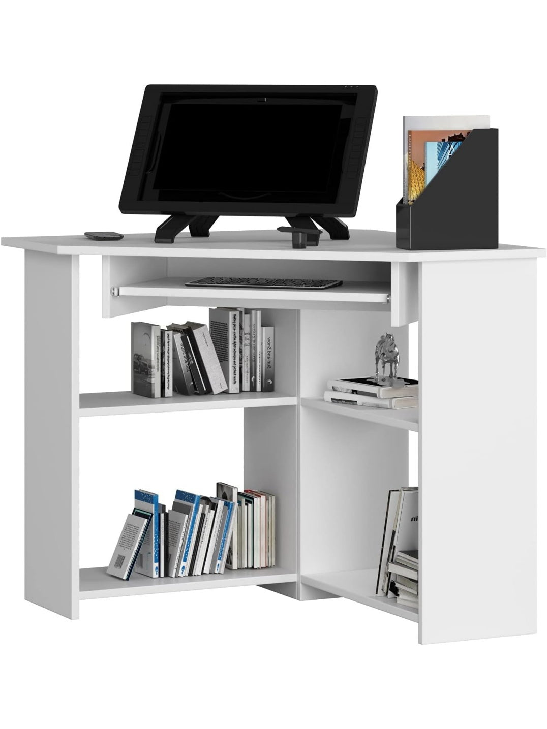 Escritorio Esquinero Compacto con Estanteria Incorporada para Oficina en Casa Color Blanco