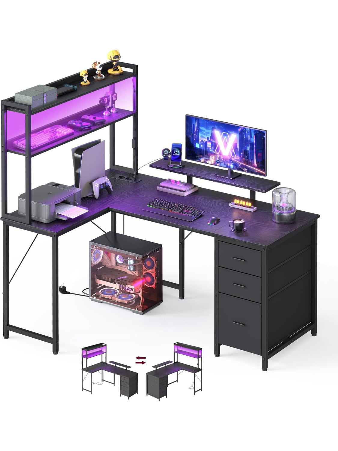 Mesa Gaming en Forma L con Iluminacion LED, Cajones y Zona para Monitor