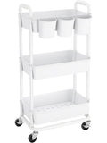 Carrito organizador de plastico con tres niveles asas superiores y ruedas bloqueables para hogar u oficina