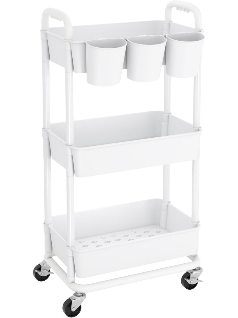 Carrito organizador de plastico con tres niveles asas superiores y ruedas bloqueables para hogar u oficina
