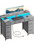 Escritorio Gaming con Ocho Cajones LED Tomas Electricas Puertos USB y Soporte para Monitor Gris