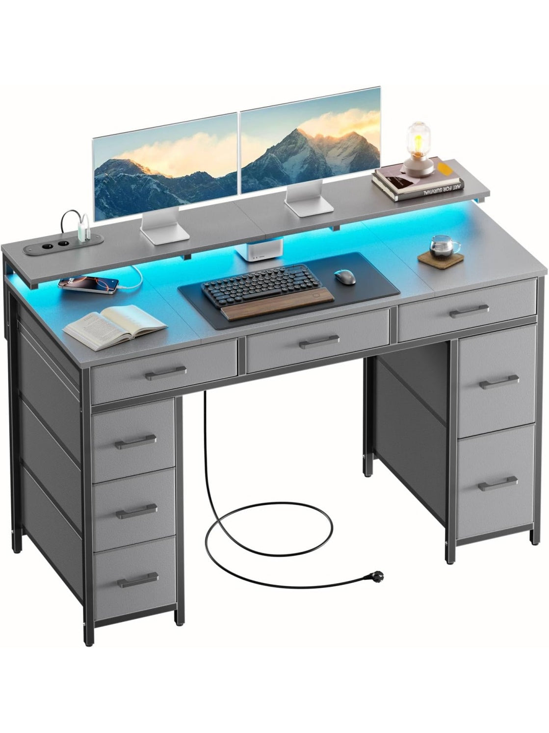 Escritorio Gaming con Ocho Cajones LED Tomas Electricas Puertos USB y Soporte para Monitor Gris