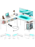 Escritorio Esquinero en L con Estante para Monitor Tomas Electricas y Puerto USB Blanco