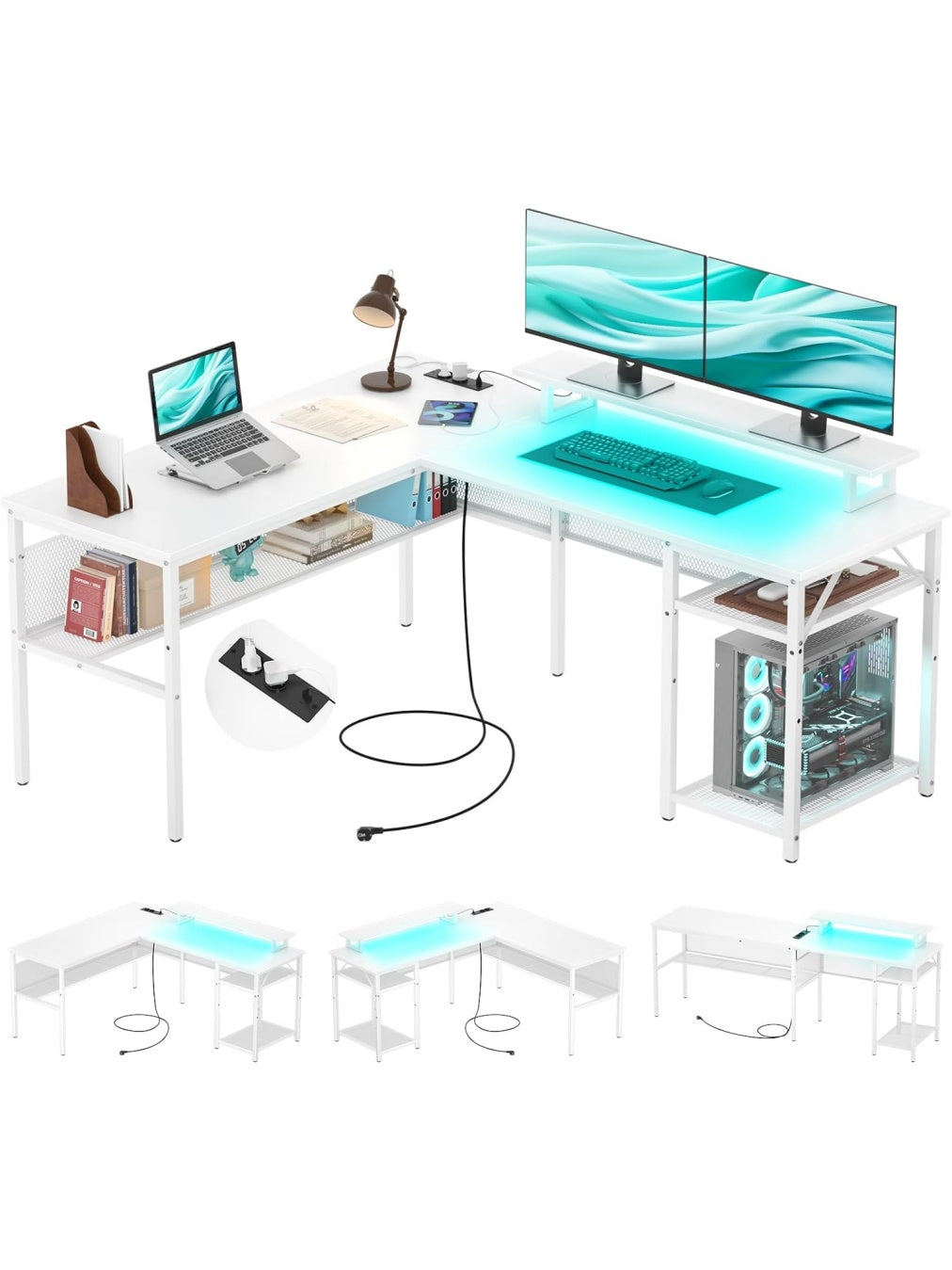 Escritorio Esquinero en L con Estante para Monitor Tomas Electricas y Puerto USB Blanco